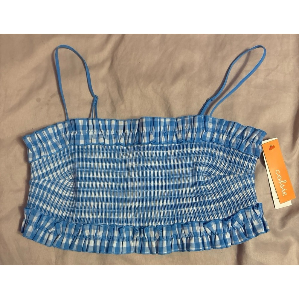 NEW Colsie Blue Gingham Ruched Bandeau Bralette, Medium